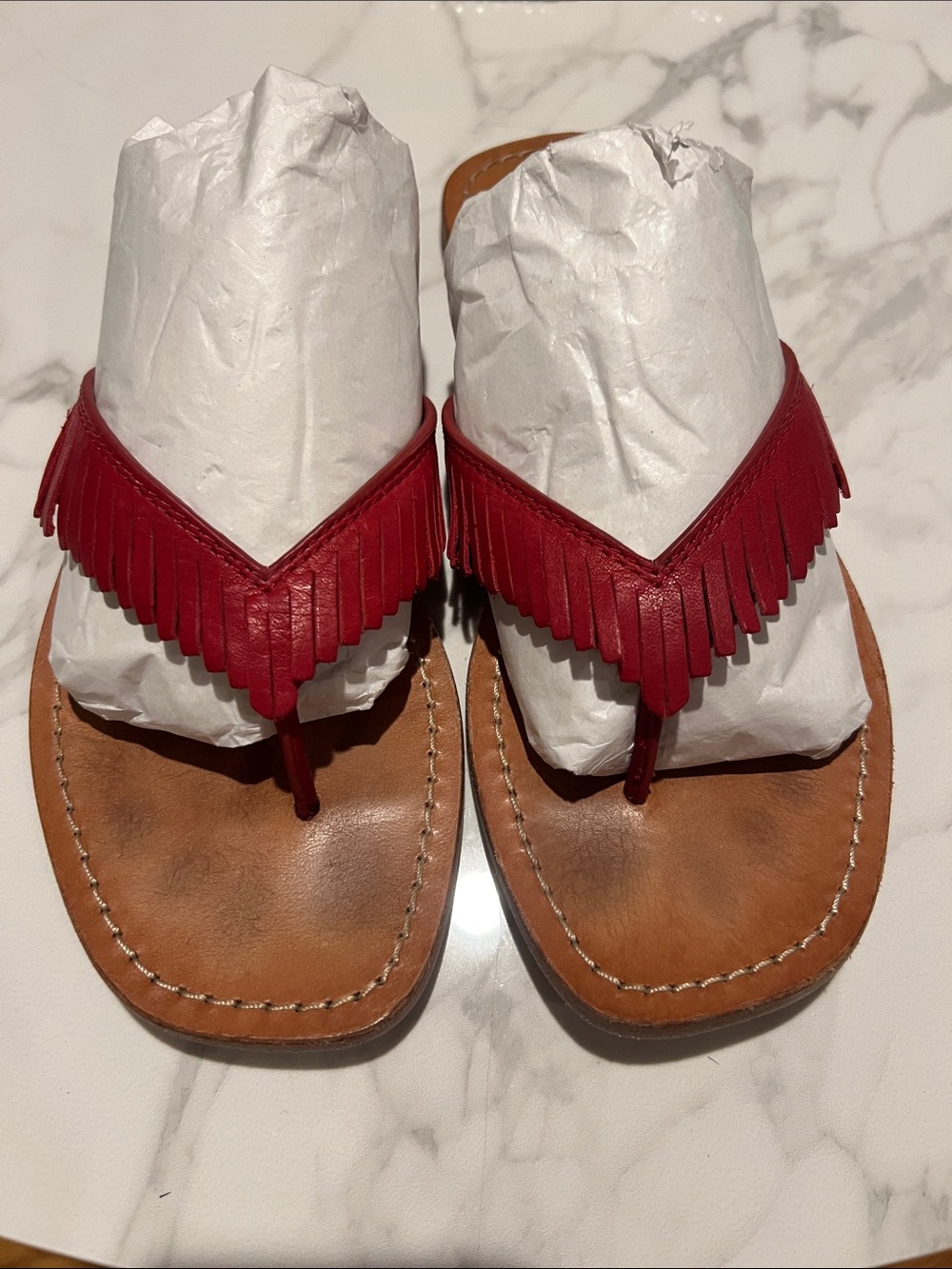 Frye Red Leather Fringe Thong Sandals